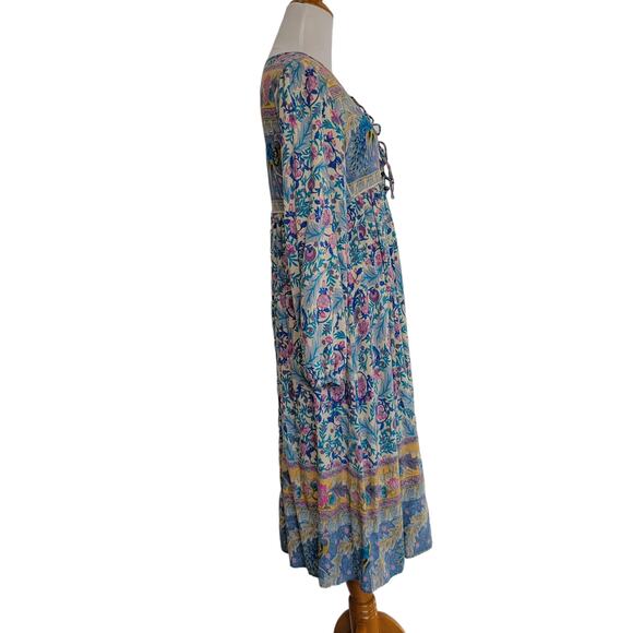 R Vivimos Boho Dress Vintage Print Birds Floral Empire Waist Midi Women Medium - Picture 2 of 11